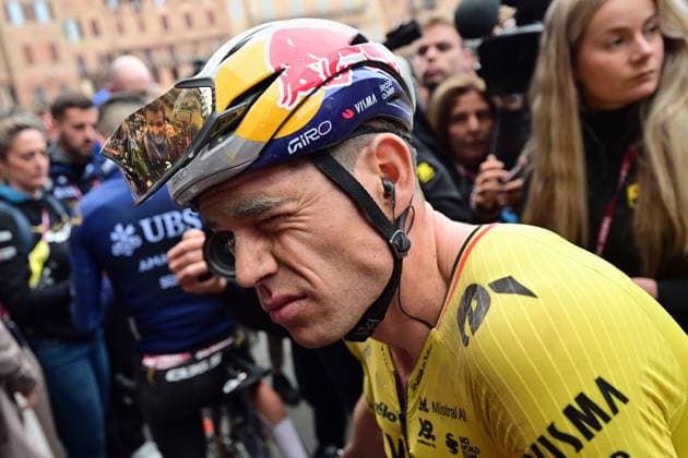 Belgian Wout Van Aert of Team Visma-Lease a Bike reacts after the men elite Strade Bianche one day cycling race, 203km from and to Siena, Italy on Saturday 07 March 2026. DIRKxWAEM  x166757212x