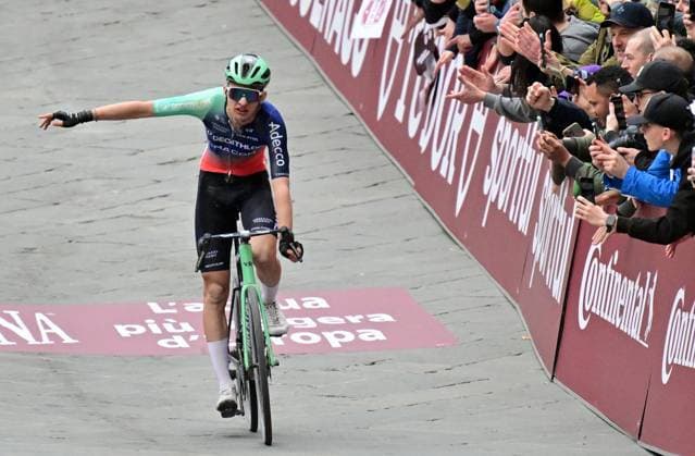 French Paul Seixas of Decathlon CMA CGM Team crosses the finish line of the men elite Strade Bianche one day cycling race, 203km from and to Siena, Italy on Saturday 07 March 2026. DIRKxWAEM  x166757228x