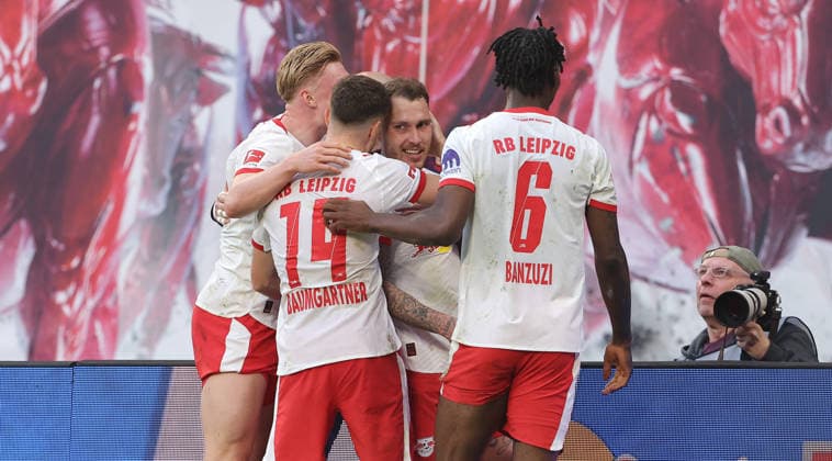 David Raum celebrates with teammates after scoring 2 1 Sport Football Soccer DFL Bundesliga Men 25 Matchday Season 2025 2026 07 03 2026 RasenBallsport RB Leipzig RBL vs FC Augsburg FCA at RedBull Arena DFL regulations prohibit any use of photographs as image sequences and or quasi video