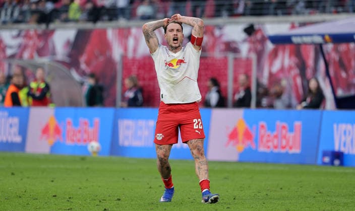 David Raum celebrates after scoring 2 1 Sport Football Soccer DFL Bundesliga Men 25 Matchday Season 2025 2026 07 03 2026 RasenBallsport RB Leipzig RBL vs FC Augsburg FCA at the RedBull Arena DFL regulations prohibit any use of photographs as image sequences and or quasi video