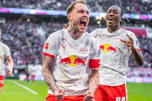 Leipzig, Germany 07 March 2026 1 Bundesliga 2025 2026 RB Leipzig vs FC Augsburg In the picture David Raum RB 1 v li cheers after his goal for 2 1 DFL regulations prohibit any use of photographs as image sequences and or quasi video Copyright: xFotostandx xNachtigallx
