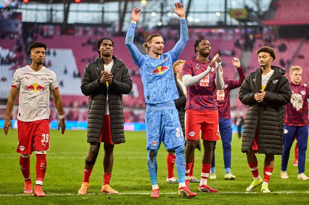 07 03 2026, Football, Men, Bundesliga, 2025 2026, RB Leipzig FC Augsburg Manschaft, RB Leipzig, Cheering after victory, in front of fan block Leipzig Red Bull Arena Saxony Germany