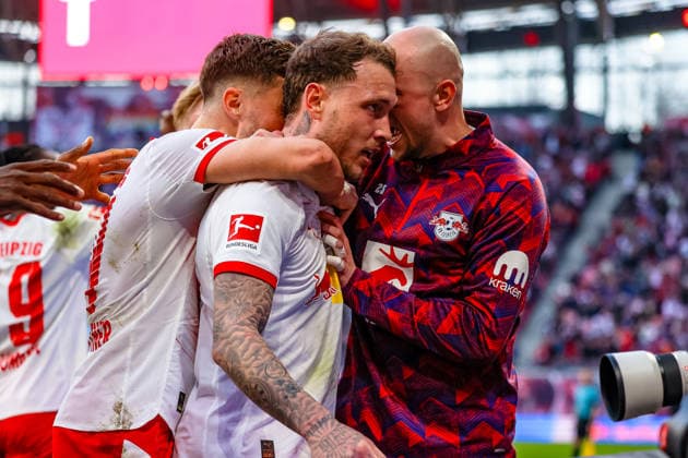 David Raum RB Leipzig, 22 cheers, goal celebration, cheers over goal to 2 1, Christoph Baumgartner RB Leipzig, 14 , RB Leipzig vs FC Augsburg, Football, 1 Bundesliga, 25 Matchday, Season 2025 2026, 07 03 2026,¨ DFL REGULATIONS PROHIBIT ANY USE OF PHOTOGRAPHS AS IMAGE SEQUENCES AND OR QUASI VIDEO,¨ RB Leipzig vs FC Augsburg, Football, 1 Bundesliga, 25 Matchday, Season 2025 2026, 07 03 2026 Leipzig Copyright: xEibner-Pressefoto LauraxRoemerx EP_LRR
