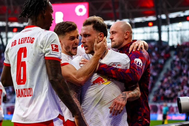 David Raum RB Leipzig, 22 cheers, goal celebration, cheers over goal to 2 1, Christoph Baumgartner RB Leipzig, 14 , Ezechiel Banzuzi RB Leipzig, 06 , RB Leipzig vs FC Augsburg, Football, 1 Bundesliga, 25 Matchday, Season 2025 2026, 07 03 2026,¨ DFL REGULATIONS PROHIBIT ANY USE OF PHOTOGRAPHS AS IMAGE SEQUENCES AND OR QUASI VIDEO,¨ RB Leipzig vs FC Augsburg, Football, 1 Bundesliga, 25 Matchday, Season 2025 2026, 07 03 2026 Leipzig Copyright: xEibner-Pressefoto LauraxRoemerx EP_LRR