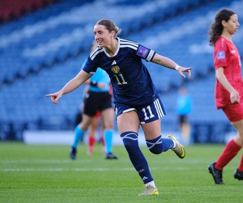 UK: Scotland v Luxembourg, FIFA Women‚Äôs World Cup Qualifier at Hampden Park, Glasgow, Scotland on 07 March 2026: Pictured: Kath McGovern (Scotland) scores in the first minute to make it 1-0 Glasgow Hampden Park Scotland Copyright: xAlexxToddx