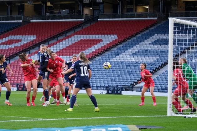 UK: Scotland v Luxembourg, FIFA Women‚Äôs World Cup Qualifier at Hampden Park, Glasgow, Scotland on 07 March 2026: Pictured: Jenna Clark (Scotland) heads home to make it 2-0 Glasgow Hampden Park Scotland Copyright: xAlexxToddx