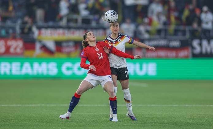 NOR, Stavanger, Norway vs Germany, International match, Football, FIFA, 2026 2027 season, World Cup Qualification, Viking Stadion, 2 Matchday in picture from l Signe Gaupset Norway Women 22 , Giulia Gwinn Germany Women 7 DFB DFL REGULATIONS PROHIBIT ANY USE OF PHOTOGRAPHS AS IMAGE SEQUENCES AND OR QUASI VIDEO, 07 03 2026 Copyright: HMBxMedia HendrikxHamelau