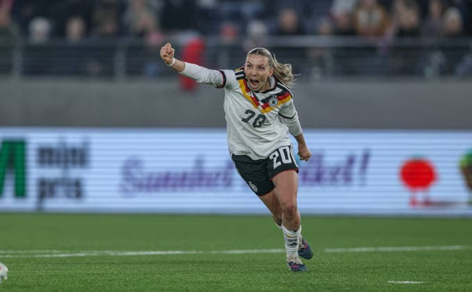 NOR, Stavanger, Norway vs Germany, international match, football, FIFA, 2026 2027 season, World Cup qualification, Viking Stadion, 2 matchday in picture Elisa Senß Germany Women 20 , 1 0, goal, jubilation and joy, emotions, times DFB DFL REGULATIONS PROHIBIT ANY USE OF PHOTOGRAPHS AS IMAGE SEQUENCES AND OR QUASI VIDEO, 07 03 2026 Copyright: HMBxMedia HendrikxHamelau