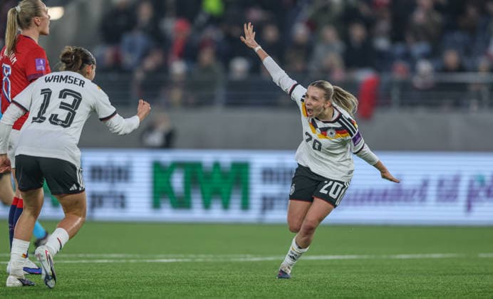 NOR, Stavanger, Norway vs Germany, international match, football, FIFA, 2026 2027 season, World Cup qualification, Viking Stadion, 2 matchday in picture Elisa Senß Germany Women 20 , 1 0, goal, jubilation and joy, emotions, times DFB DFL REGULATIONS PROHIBIT ANY USE OF PHOTOGRAPHS AS IMAGE SEQUENCES AND OR QUASI VIDEO, 07 03 2026 Copyright: HMBxMedia HendrikxHamelau