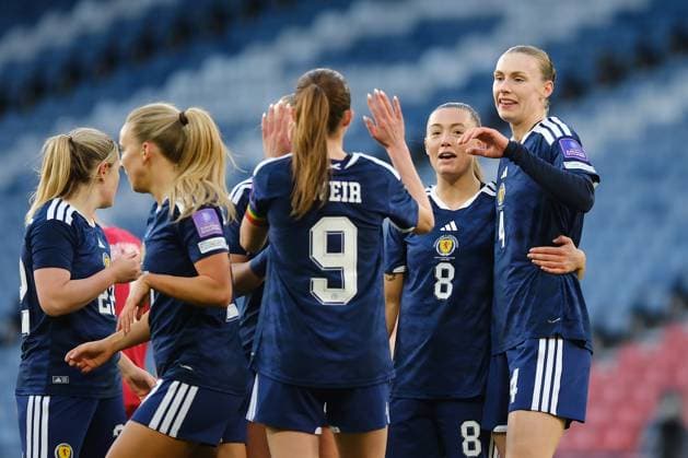 UK: Scotland v Luxembourg, FIFA Women‚Äôs World Cup Qualifier at Hampden Park, Glasgow, Scotland on 07 March 2026: Pictured: Jenna Clark (Scotland) heads home to make it 2-0 Glasgow Hampden Park Scotland Copyright: xAlexxToddx
