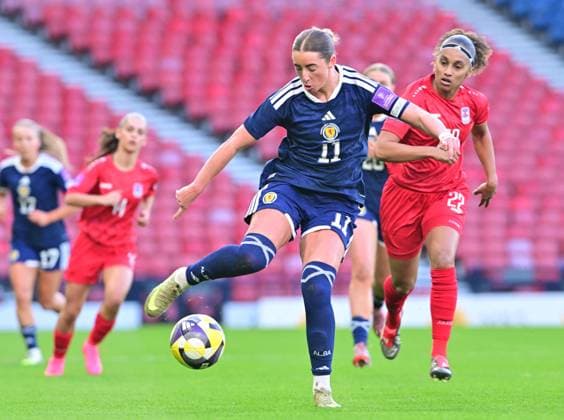 Kathlean McGovern of Scotland and Kimberly Dos Santos of Luxembourg Scotland Women v Luxembourg Women, 2027 FIFA Women s World Cup Qualifiers, Group D, Football, Hampden Park, Glasgow, Scotland, UK - 07 Mar 2026Glasgow Hampden Park Scotland United Kingdom EDITORIAL USE ONLY No use with unauthorised audio, video, data, fixture lists, club league logos or live services. Online in-match use limited to 120 images, no video emulation. No use in betting, games or single club league player publications. Copyright: xMarkxRunnacles Shutterstockx 16723654ac