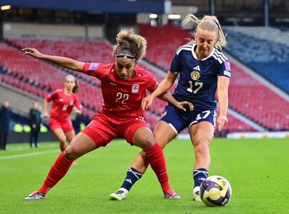 Erin Cuthbert of Scotland and Kimberly Dos Santos of Luxembourg Scotland Women v Luxembourg Women, 2027 FIFA Women s World Cup Qualifiers, Group D, Football, Hampden Park, Glasgow, Scotland, UK - 07 Mar 2026Glasgow Hampden Park Scotland United Kingdom EDITORIAL USE ONLY No use with unauthorised audio, video, data, fixture lists, club league logos or live services. Online in-match use limited to 120 images, no video emulation. No use in betting, games or single club league player publications. Copyright: xMarkxRunnacles Shutterstockx 16723654aw