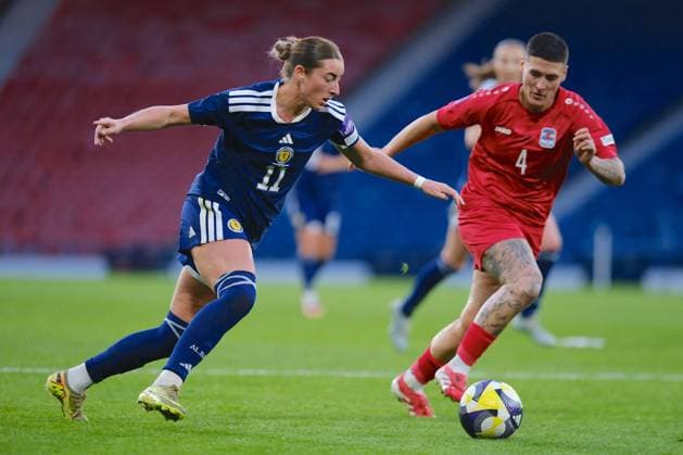 UK: Scotland v Luxembourg, FIFA Women‚Äôs World Cup Qualifier at Hampden Park, Glasgow, Scotland on 07 March 2026: Pictured: Kath McGovern (Scotland) and Andreia Machado (Luxembourg) Glasgow Hampden Park Scotland Copyright: xAlexxToddx