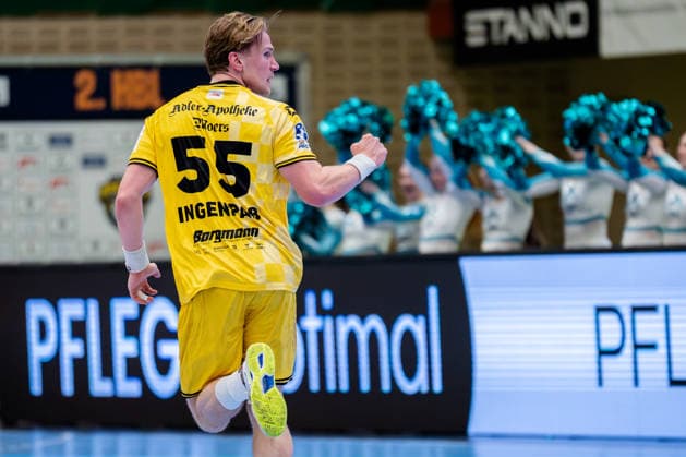 Krefeld, 07 03 2026, Handball, Men, 2 Bundesliga, 23 Matchday, 2025 2026 HSG Krefeld Niederrhein TV Großwallstadt Niklas Ingenpaß HSG Krefeld Niederrhein, 55 cheers after a goal Krefeld Glockenspitzhalle NRW Germany