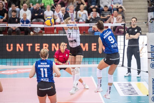 Anna Koulberg Allianz MTV Stuttgart, 09 vs Elena Koemmling USC Muenster, 07 GER, Allianz MTV Stuttgart USC Muenster, Volleyball Bundesliga, VBL, Season 2025 2026, 07 03 2026 GER, Allianz MTV Stuttgart USC Muenster, Volleyball Bundesliga, VBL, Season 2025 2026, 07 03 2026 Stuttgart Copyright: xSandyxDinkelackerx EP_SDR