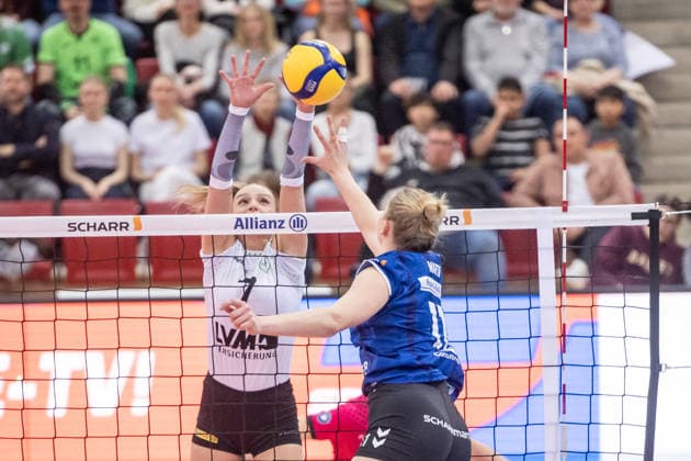 Pauline Martin Allianz MTV Stuttgart, 11 vs Elena Koemmling USC Muenster, 07 GER, Allianz MTV Stuttgart USC Muenster, Volleyball Bundesliga, VBL, Season 2025 2026, 07 03 2026 GER, Allianz MTV Stuttgart USC Muenster, Volleyball Bundesliga, VBL, Season 2025 2026, 07 03 2026 Stuttgart Copyright: xSandyxDinkelackerx EP_SDR