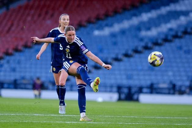 UK: Scotland v Luxembourg, FIFA Women‚Äôs World Cup Qualifier at Hampden Park, Glasgow, Scotland on 07 March 2026: Pictured: Kath McGovern (Scotland) shoots over Glasgow Hampden Park Scotland Copyright: xAlexxToddx