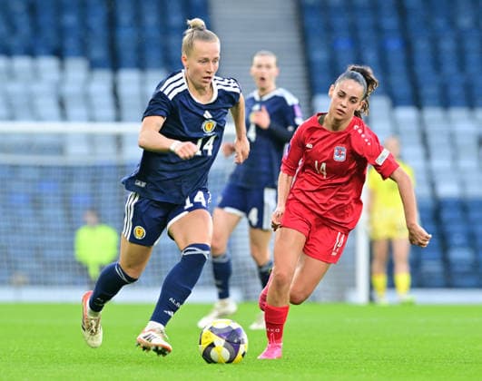 Rachel McLaughlin of Scotland and Olivier Konsbruck of Luxembourg Scotland Women v Luxembourg Women, 2027 FIFA Women s World Cup Qualifiers, Group D, Football, Hampden Park, Glasgow, Scotland, UK - 07 Mar 2026Glasgow Hampden Park Scotland United Kingdom EDITORIAL USE ONLY No use with unauthorised audio, video, data, fixture lists, club league logos or live services. Online in-match use limited to 120 images, no video emulation. No use in betting, games or single club league player publications. Copyright: xMarkxRunnacles Shutterstockx 16723654az