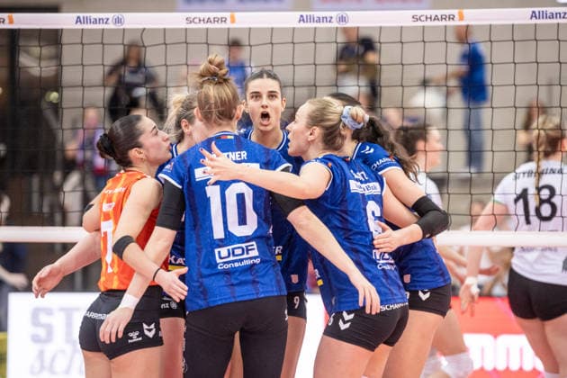 Anna Koulberg Allianz MTV Stuttgart, 09 , center and team, cheers, joy, jubilation GER, Allianz MTV Stuttgart USC Muenster, Volleyball Bundesliga, VBL, season 2025 2026, 07 03 2026 GER, Allianz MTV Stuttgart USC Muenster, Volleyball Bundesliga, VBL, season 2025 2026, 07 03 2026 Stuttgart Copyright: xSandyxDinkelackerx EP_SDR