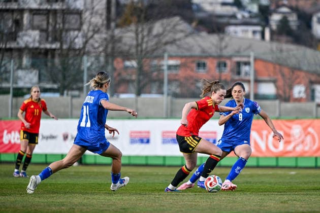 SOCCER WOMEN UEFA QUALIFIERS B4 MD2 BELGIUM VS ISRAEL Valesca Ampoorter (8) of Belgium and Rachel Steinschneider (9) of Israel pictured during a women football game between the national teams of Belgium, called the Red Flames, and Israel on the second match day in League B Group B4 in the league stage of the 2026-27 UEFA Women s European Qualifiers competition , on Saturday 7 March 2026 in Budapest , Hungary . PHOTO SPORTPIX Stijn Audooren Budapest BSC Stadium - Budaors Hungary  Copyright: xSportpix.bex xStijnxAudoorenxStijnxAudoorenx