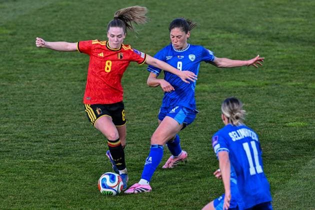 SOCCER WOMEN UEFA QUALIFIERS B4 MD2 BELGIUM VS ISRAEL Valesca Ampoorter (8) of Belgium and Rachel Steinschneider (9) of Israel pictured during a women football game between the national teams of Belgium, called the Red Flames, and Israel on the second match day in League B Group B4 in the league stage of the 2026-27 UEFA Women s European Qualifiers competition , on Saturday 7 March 2026 in Budapest , Hungary . PHOTO SPORTPIX Stijn Audooren Budapest BSC Stadium - Budaors Hungary  Copyright: xSportpix.bex xStijnxAudoorenxStijnxAudoorenx