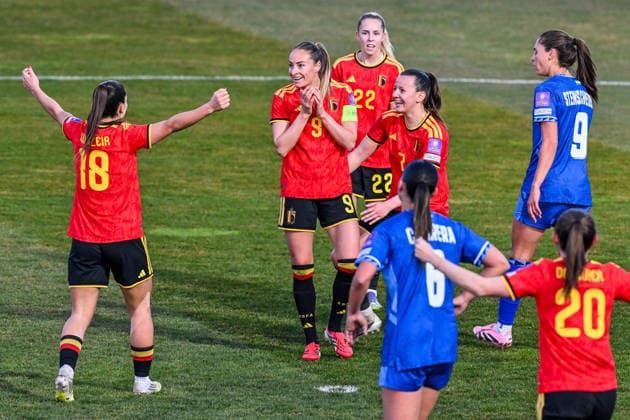 SOCCER WOMEN UEFA QUALIFIERS B4 MD2 BELGIUM VS ISRAEL Tessa Wullaert (9) of Belgium scores 2-0 and Tessa™s 100 th goal for the Red Flames so Belgium celebrate during a women football game between the national teams of Belgium, called the Red Flames, and Israel on the second match day in League B Group B4 in the league stage of the 2026-27 UEFA Women s European Qualifiers competition , on Saturday 7 March 2026 in Budapest , Hungary . PHOTO SPORTPIX Stijn Audooren Budapest BSC Stadium - Budaors Hungary  Copyright: xSportpix.bex xStijnxAudoorenxStijnxAudoorenx