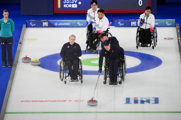 VAL DI FIEMME, ITALY 20260307 Sweden s Sabina Johansson, Marcus Holm and Viljo Petterson Dahl during Saturday s mixed curling match between Sweden and South Korea in the Paralympics at Cortina Curling Olympic Stadium. *** The image is included in the SPORTS PACKAGE. For others PAY IMAGE *** VAL DI FIEMME ITALY x10050x *** VAL DI FIEMME, ITALY 20260307 Sweden s Sabina Johansson, Marcus Holm and Viljo Petterson Dahl during Saturday s mixed curling match between Sweden and South Korea in the Paralympics at Cortina Curling Olympic Stadium The image is included in the SPORTS PACKAGE For others PAY IMAGE VAL DI FIEMME ITALY x10050x  Copyright: xMagnusxLejhall ParasportxSverigex TTx PARALYMPICS 2026 CURLING