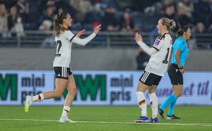 NOR, Stavanger, Norway vs Germany, international match, football, FIFA, 2026 2027 season, World Cup qualification, Viking Stadium, 2 matchday in the picture from l Jule Brand Germany Women 22 , 4 0, goal, jubilation and joy, emotions, times, Franziska Kett Germany Women 17 DFB DFL REGULATIONS PROHIBIT ANY USE OF PHOTOGRAPHS AS IMAGE SEQUENCES AND OR QUASI VIDEO, 07 03 2026 Copyright: HMBxMedia HendrikxHamelau