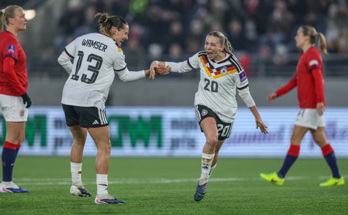 NOR, Stavanger, Norway vs Germany, international match, football, FIFA, 2026 2027 season, World Cup qualification, Viking Stadium, 2 matchday in picture Elisa Senß Germany Women 20 , 1 0, goal, jubilation and joy, emotions, times, Carlotta Wamser Germany Women 13 DFB DFL REGULATIONS PROHIBIT ANY USE OF PHOTOGRAPHS AS IMAGE SEQUENCES AND OR QUASI VIDEO, 07 03 2026 Copyright: HMBxMedia HendrikxHamelau