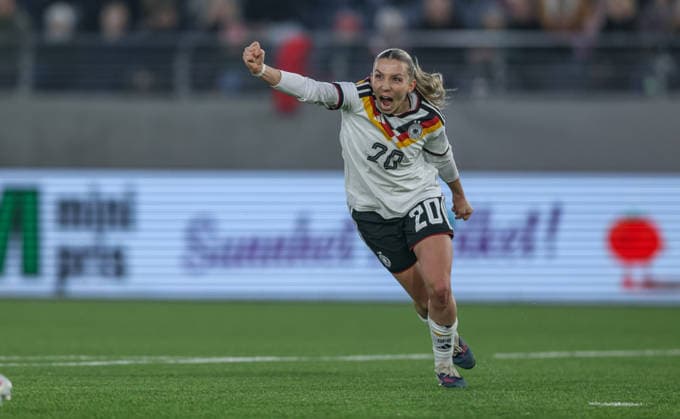 NOR, Stavanger, Norway vs Germany, international match, football, FIFA, 2026 2027 season, World Cup qualification, Viking Stadion, 2 matchday in picture Elisa Senß Germany Women 20 , 1 0, goal, jubilation and joy, emotions, times DFB DFL REGULATIONS PROHIBIT ANY USE OF PHOTOGRAPHS AS IMAGE SEQUENCES AND OR QUASI VIDEO, 07 03 2026 Copyright: HMBxMedia HendrikxHamelau
