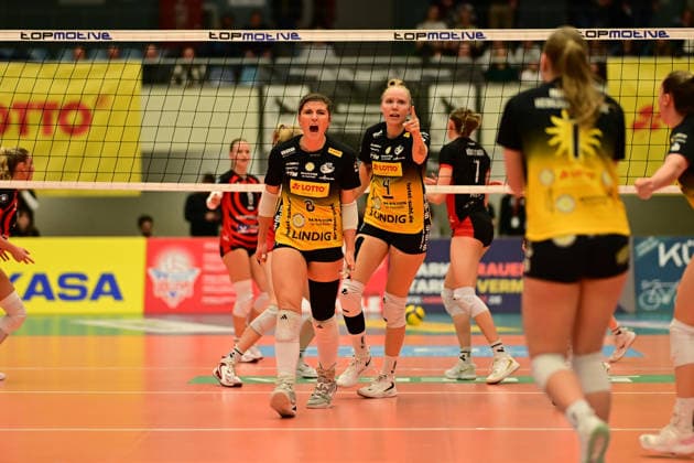Volleyball I Women I Season 2025 2026 I Bundesliga I Main Round I ETV Hamburger Volksbank Volleys VfB 91 Suhl I 07 03 2026 Cheers, excitement, enthusiasm, euphoria, joy, happiness, cheerfulness at Mackenzie Foley 8, VfB Suhl LOTTO Thüringen Hamburg CU Arena Hamburg Germany Copyright: xLobeca FelixxSchlikisx