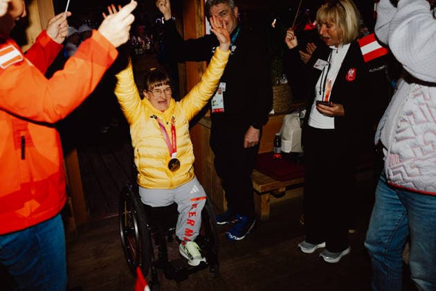 PARALYMPICS - Winter Paralympics Milano Cortina 2026 CORTINA D AMPEZZO,ITALY,07.MAR.26 - PARALYMPICS - Paralympic Winter games, Winterspiele,Spiele, Summer games Milano Cortina 2026, Austria House, reception for medalists. Image shows Anna-Lena Forster (GER). Keywords: medal.  GEPAxpictures xMatthiasxTrinkl