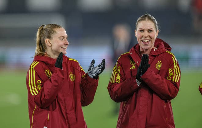 NOR, Stavanger, Norway vs Germany, international match, football, FIFA, 2026 2027 season, World Cup qualification, Viking Stadion, 2 matchday in picture Joy and emotions after the victory, Janina Minge Germany Women 5 , Rebecca Knaak Germany Women 4 DFB DFL REGULATIONS PROHIBIT ANY USE OF PHOTOGRAPHS AS IMAGE SEQUENCES AND OR QUASI VIDEO, 07 03 2026 Copyright: HMBxMedia HendrikxHamelau