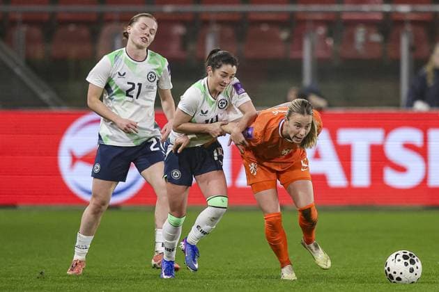 UTRECHT , 07-03-2026 , Stadium Galgenwaard , season 2025 2026 , Women s European Qualifiers , match between The Netherlands and Republic of Ireland , picture shows Ireland player Emily Murphy, Ireland player Marissa Sheva and Netherlands player Lynn Wilms Netherlands - Ireland (women)  x202162561x Copyright: