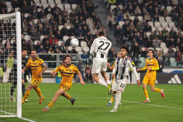 Turin, Italy, 7th March 2026. Andrea Cambiaso of Juventus scores to give the hosts a 1-0 lead during the Juventus vs Pisa SC Serie A match at Allianz Stadium, Turin. Picture credit should read: Jonathan Moscrop Sportimage EDITORIAL USE ONLY. No use with unauthorised audio, video, data, fixture lists, club league logos or live services. Online in-match use limited to 120 images, no video emulation. No use in betting, games or single club league player publications. SPI_002_JUVE_PISA SPI-4581-0002