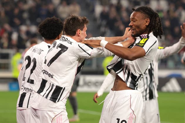 Turin, Italy, 7th March 2026. Andrea Cambiaso of Juventus celebrates with team mates after scoring to give the hosts a 1-0 lead during the Juventus vs Pisa SC Serie A match at Allianz Stadium, Turin. Picture credit should read: Jonathan Moscrop Sportimage EDITORIAL USE ONLY. No use with unauthorised audio, video, data, fixture lists, club league logos or live services. Online in-match use limited to 120 images, no video emulation. No use in betting, games or single club league player publications. SPI_007_JUVE_PISA SPI-4581-0007