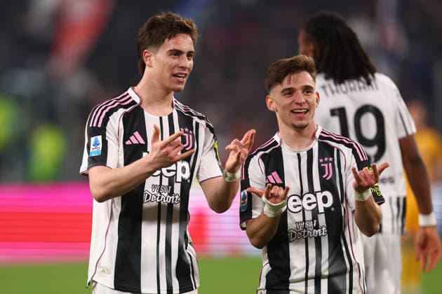 Kenan Yildiz (Juventus Fc) und Francisco Conceicao (Juventus FC) celebrates after scoring his team s third goal with team mates, Serie A, Juventus FC v Pisa SC , Allianz Stadium, March 7, 2026, Turin, Italy.