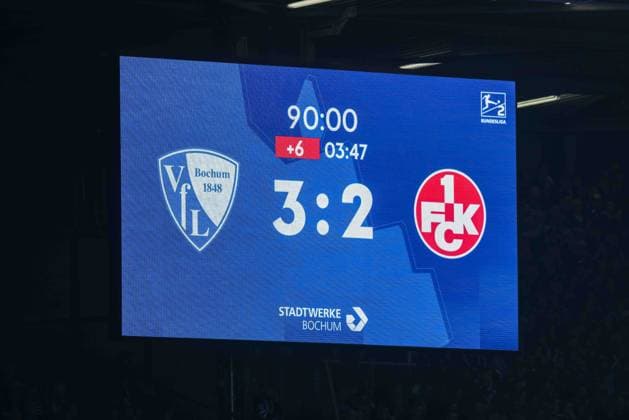 Soccer 2 Bundesliga 25 Matchday VfL Bochum 1 FC Kaiserslautern on 07 03 2026 at the Vonovia Ruhrstadion in Bochum The scoreboard at the Vonovia Ruhrstadion shows the final score Bochum 3 2 Kaiserslautern DFL regulations prohibit any use of photographs as image sequences and or quasi video xJRx