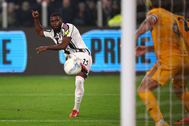 Jeremie Boga (Juventus Fc) celebrates after scoring his team s fourth goal with team mates, Serie A, Juventus FC v Pisa SC , Allianz Stadium, March 7, 2026, Turin, Italy.