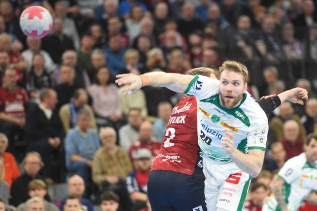Handball I Men I Season 2025 2026 I Bundesliga I 24 Matchday I SG Flensburg Handewitt SC DHfK Leipzig I 07 03 2026 from left Simon Pytlick 2, SG Flensburg Handewitt , William Bogojevic 20, SC DHfK Leipzig Copyright: xLobeca JanxKirschnerx
