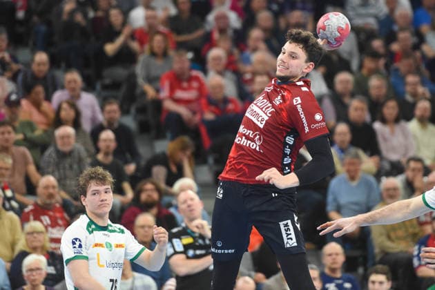 Handball I Men I Season 2025 2026 I Bundesliga I 24 Matchday I SG Flensburg Handewitt SC DHfK Leipzig I 07 03 2026 from left Tom Koschek 76, SC DHfK Leipzig , Marko Grgic 17, SG Flensburg Handewitt Copyright: xLobeca JanxKirschnerx