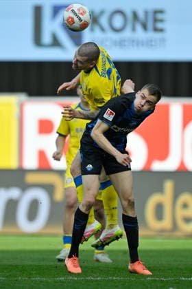 Paderborn, Home Deluxe Arena, 07 03 26, GER, Herren, 2 Bundesliga, Saison 2025 2026, SC Paderborn 07 Eintracht Braunschweig Bild v li im Zweikampf Kevin EHLERS Braunschweig und Filip BILBIJA Paderborn DFL regulations prohibit any use of photographs as image sequences and or quasi video NRW Deutschland