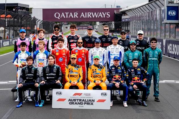MELBOURNE Formula 1 driver Lando Norris of McLaren Mastercard Formula 1 Team, Formula 1 driver Oscar Piastri of McLaren Mastercard Formula 1 Team, Formula 1 driver George Russell of Mercedes AMG Petronas Formula One Team, Formula 1 driver Kimi Antonelli of Mercedes AMG Petronas Formula One Team, Formula 1 driver Max Verstappen of Oracle Red Bull Racing, Formula 1 driver Isack Hadjar of Oracle Red Bull Racing, Formula 1 driver Charles Leclerc of Scuderia Ferrari HP, Formula 1 driver Lewis Hamilton of Scuderia Ferrari HP, Formula 1 driver Alexander Albon of Atlassian Williams F1 Team, Formula 1 driver Carlos Sainz of Atlassian Williams F1 Team, Formula 1 driver Liam Lawson of Visa Cash App Racing Bulls Formula One Team, Formula 1 driver Arvid Lindblad of Visa Cash App Racing Bulls Formula One Team, Formula 1 driver Lance Stroll of Aston Martin Aramco Formula 1 Team, Formula 1 driver Fernando Albon Fernando Albon of Aston Martin Aramco Formula 1 Team, Formula 1 driver Fernando Albon of Aston Martin Aramco Formula 1 Team, Formula 1 driver Fernando Albon of Aston Martin Aramco Formula 1 Team, Formula 1 driver Fernando Al Alonso of Aston Martin Aramco Formula 1 Team, Formula 1 driver Esteban Ocon of TGR Haas F1 Team, Formula 1 driver Oliver Bearman of TGR Haas F1 Team, Formula 1 driver Nico Hulkenberg of Audi Revolut F1 Team, Formula 1 driver Gabriel Bortoleto of Audi Revolut F1 Team, Formula 1 driver Pierre Gasly of BWT Alpine F1 Team, Formula 1 driver Franco Colapinto of BWT Alpine F1 Team, Formula 1 driver Valtteri Bottas of Cadillac Formula 1 Team, Formula 1 driver Sergio P�rez of Cadillac Formula 1 Team during the Formula 1 Melbourne race at Albert Park on March 8, 2025 in Melbourne, Australia Photo by DeFodi Images
