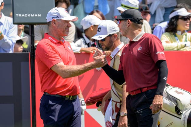March 8, 2026, Hong Kong, Hong Kong Sar, China: Spains Sergio Garcia(R) greets Lee Westwood of the UK on the 1st tee. LIV Golf Hong Kong 2026 Final Round Hong Kong China - ZUMAr144 20260308_zap_r144_033 Copyright: xJaynexRussellx
