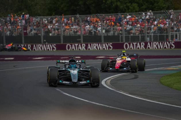 Formula 1 Qatar Airways Australian Grand Prix 2026 Maxime Le Juste OVERTAKE MAXPPP - Melbourne 08 03 2026 63 RUSSELL George (gbr), Mercedes-AMG PETRONAS Formula One Team, action, 44 HAMILTON Lewis (gbr), Scuderia Ferrari HP, action at the Formula 1 Qatar Airways Australian Grand Prix 2026, the 1st round of the 2026 FIA Formula 1 World Championship, WM, Weltmeisterschaft at the Albert Park Circuit in Melbourne, Australia, from 5 to 8 March 2026 Melbourne Australia Copyright: xOVERTAKE MAXPPPxMaximexLexJustex OVT202603081779 OVT202603081779