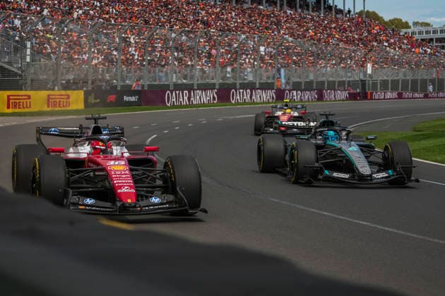 Formula 1 Qatar Airways Australian Grand Prix 2026 Maxime Le Juste OVERTAKE MAXPPP - Melbourne 08 03 2026 16 LECLERC Charles (mon), Scuderia Ferrari HP, action, 63 RUSSELL George (gbr), Mercedes-AMG PETRONAS Formula One Team, action, 44 HAMILTON Lewis (gbr), Scuderia Ferrari HP, action at the Formula 1 Qatar Airways Australian Grand Prix 2026, the 1st round of the 2026 FIA Formula 1 World Championship, WM, Weltmeisterschaft at the Albert Park Circuit in Melbourne, Australia, from 5 to 8 March 2026 Melbourne Australia Copyright: xOVERTAKE MAXPPPxMaximexLexJustex OVT202603081787 OVT202603081787