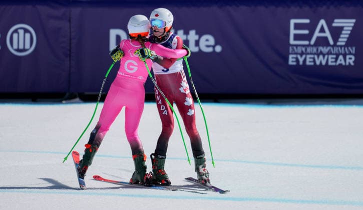 (260308) -- CORTINA D AMPEZZO, March 8, 2026 -- Kalle Ericsson (R) of Canada hugs his guide Sierra Smith during the para alpine skiing men s downhill vision impaired match at the Milan-Cortina 2026 Paralympic Winter games, Winterspiele,Spiele, Summer games in Cortina D ampezzo, Italy, March 7, 2026. ) (SP)ITALY-CORTINA D AMPEZZO-PARALYMPIC WINTER GAMES-PARA ALPINE SKIING-MEN S DOWNHILL-VISION IMPAIRED WangxKaiyan 