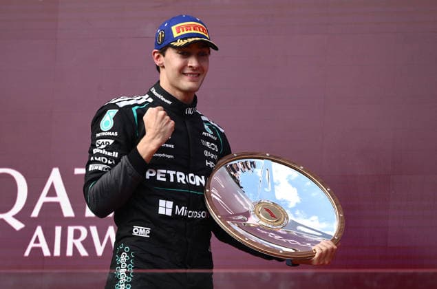 2026 AUSTRALIAN F1 GRAND PRIX, Mercedes driver George Russell celebrates on the podium after winning the 2026 Australian Grand Prix at Albert Park Circuit in Melbourne, Sunday, March 8, 2026. ( NO ARCHIVING, EDITORIAL USE ONLY MELBOURNE VICTORIA AUSTRALIA  Copyright: xJOELxCARRETTx 20260308134146189713