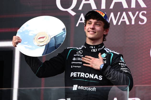 2026 AUSTRALIAN F1 GRAND PRIX, Mercedes driver Andrea Kimi Antonelli reacts at the podium after placing 2nd behind fellow Mercedes driver George Russell during the 2026 Australian Grand Prix at Albert Park Circuit in Melbourne, Sunday, March 8, 2026. ( NO ARCHIVING, EDITORIAL USE ONLY MELBOURNE VICTORIA AUSTRALIA  Copyright: xJOELxCARRETTx 20260308129929478579