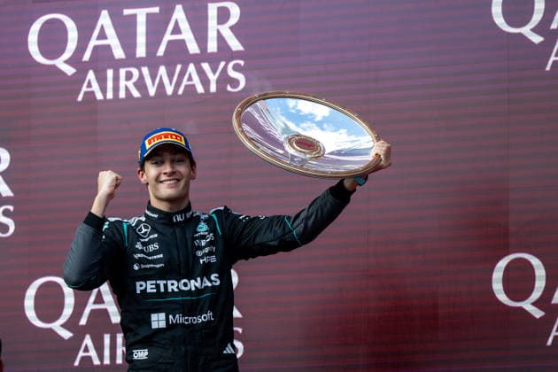 George Russell Mercedes AMG Petronas F1 Team, Great Britain, 63 celebrates victory on the podium at the podium ceremony, AUS, Formula 1 World Championship, Australian Grand Prix, Albert Park Circuit, Melbourne, Race, 2026 season, 08 03 2026 AUS, Formula 1 World Championship, Australian Grand Prix, Albert Park Circuit, Melbourne, Race, 2026 season, 08 03 2026 Melbourne Copyright: xEibner-Pressefoto Memmlerx EP_MMR